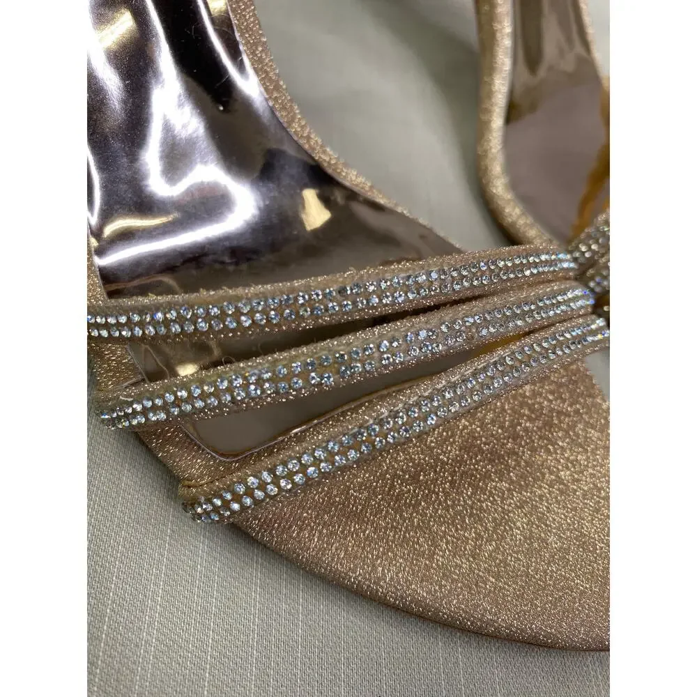 NWB Badgley Mischka Dessa Strass Ankle-Grip Sandals, Platino Gold, Sz 6.5